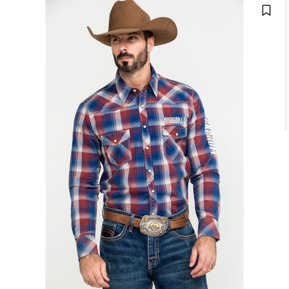 Rock & Roll Cowboy Mens S Red Blue Plaid Pearl Snap Embroidered Western Shirt